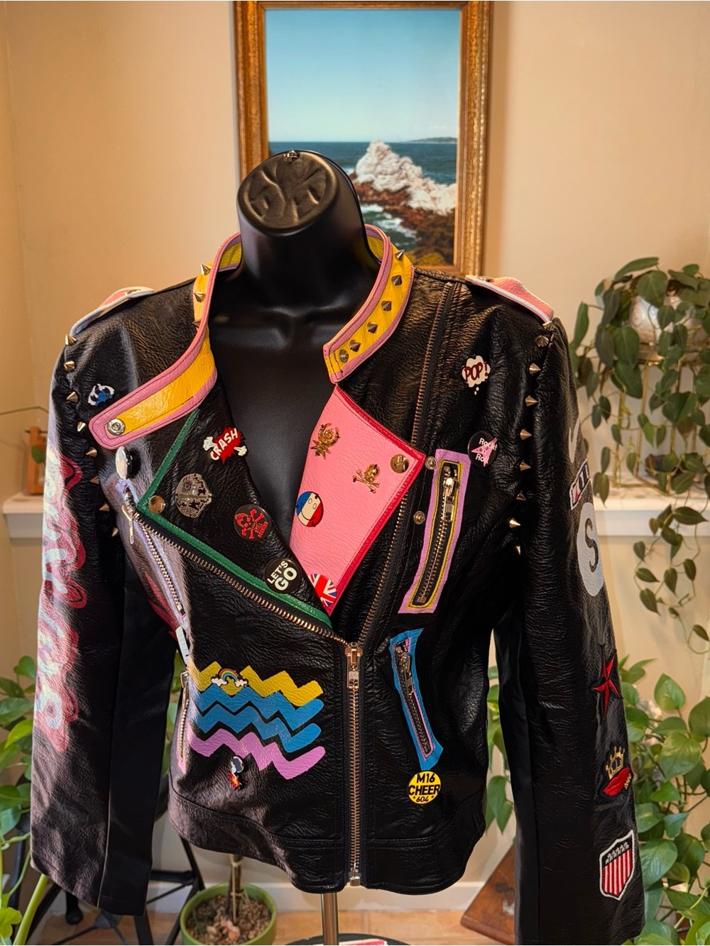 Black Studded Faux Leather Patchwork Moto Jacket with Pink Accents